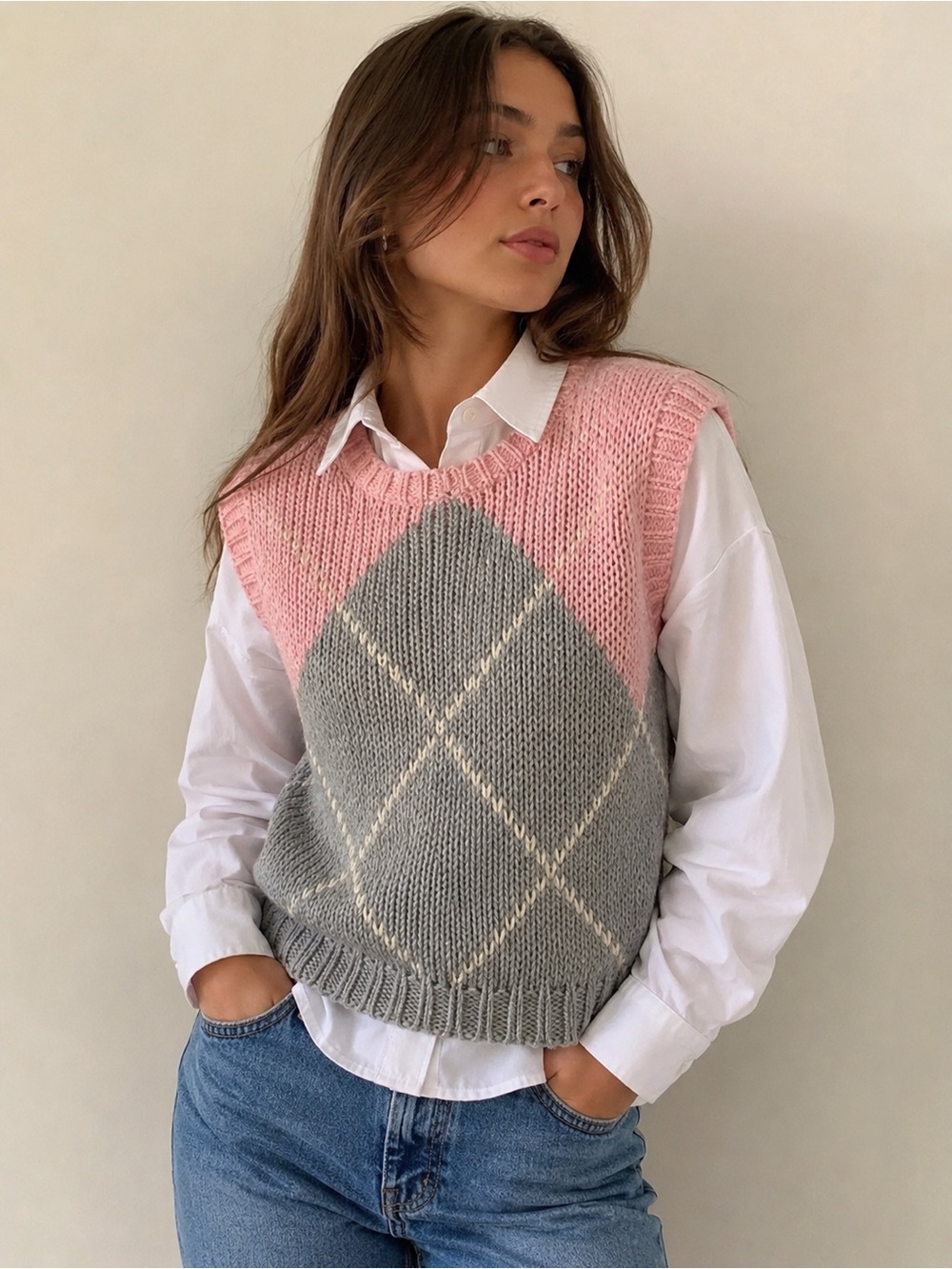Vintage 80s Argyle Sweater Vest | Soft Preppy Knit · Pink Gray Ramie Blend Med - Picture 7 of 7